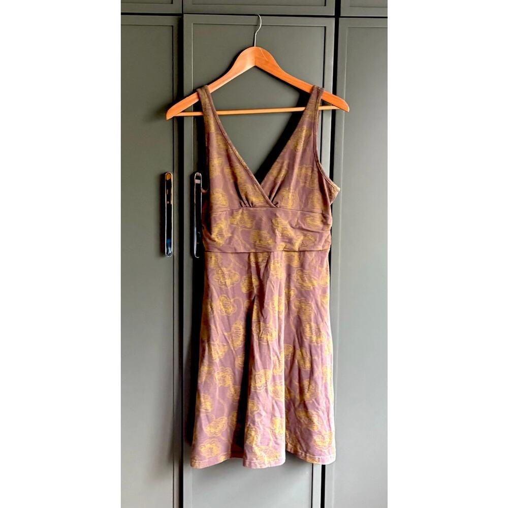 PATAGONIA sz L sleeveless knit faux wrap dress in brown print VGUC